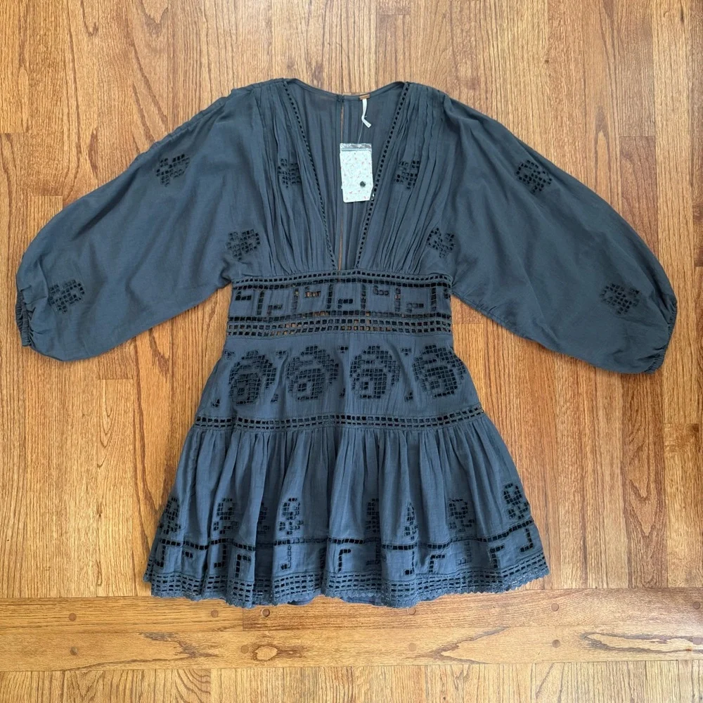 NWT Free People Tea Time Embroidered Dress in Charcoal size 4 - Picture 2 of 16